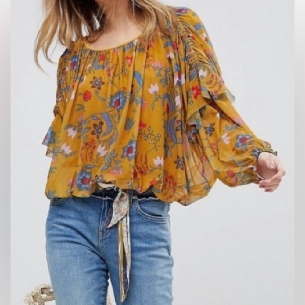 Free People Mustard Yellow Wild Flower Honey Mesh Top. Size XS/Small.
